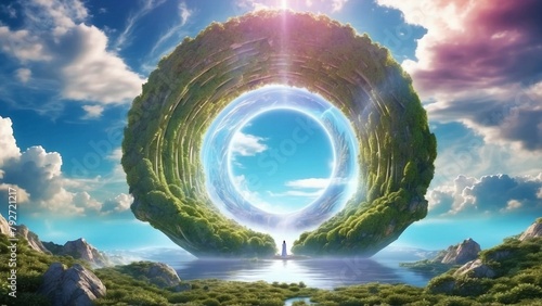 View of the portal and entrance to the world of gods hidden in nature, fantasy scene photo