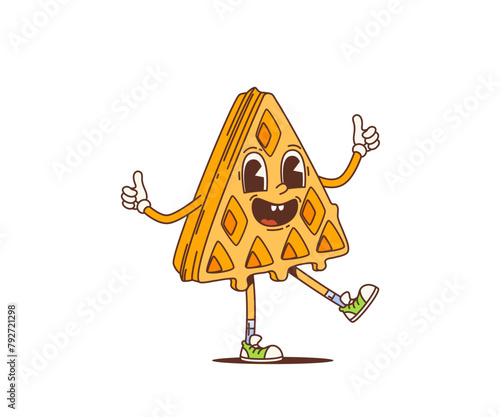 Cartoon retro belgian waffle groovy character. Isolated vector funky triangular wafer, bakery personage with groove vibes and whimsical smile, bringing nostalgic and psychedelic touch to breakfast