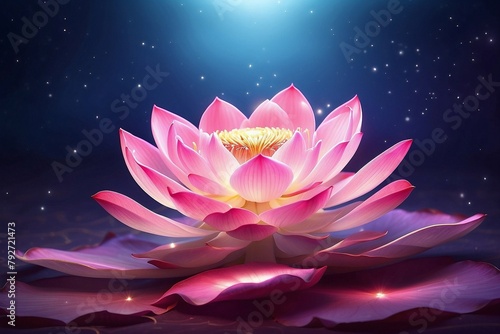 Beautiful realistic pink lotus with many petals shining from within on the cosmic starry background