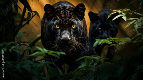 Two black jaguars intensely stare at the camera in the lush jungle environment