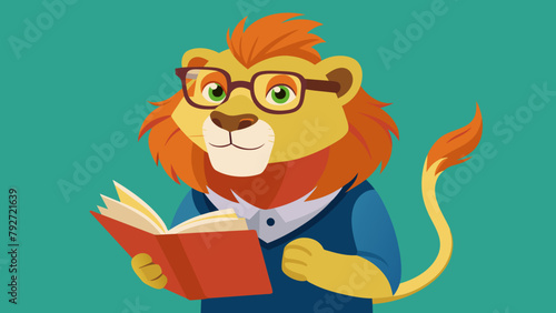 a smart well-read lion with glasses reads an interesting popular science book, novel, textbook. the concept of education, self-development, self-study