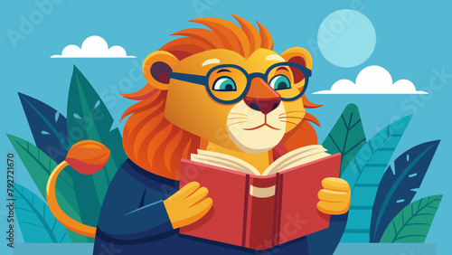 a smart well-read lion with glasses reads an interesting popular science book, novel, textbook. the concept of education, self-development, self-study