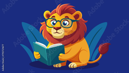 a smart well-read lion with glasses reads an interesting popular science book, novel, textbook. the concept of education, self-development, self-study