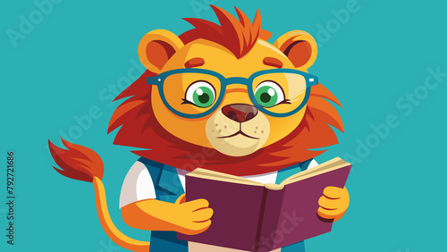 a smart well-read lion with glasses reads an interesting popular science book, novel, textbook. the concept of education, self-development, self-study