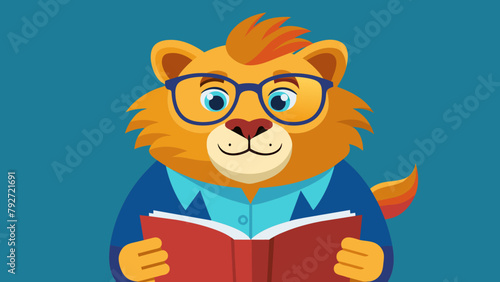 a smart well-read lion with glasses reads an interesting popular science book, novel, textbook. the concept of education, self-development, self-study