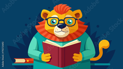 a smart well-read lion with glasses reads an interesting popular science book, novel, textbook. the concept of education, self-development, self-study