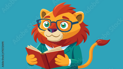 a smart well-read lion with glasses reads an interesting popular science book, novel, textbook. the concept of education, self-development, self-study