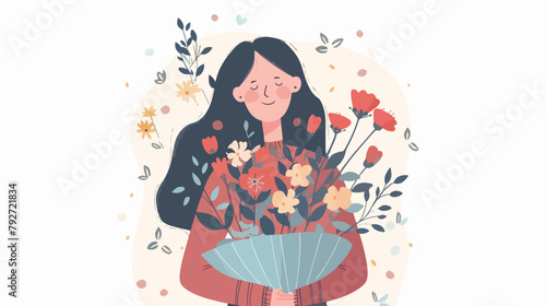 Happy woman holds a bouquet of flowers. Women day card