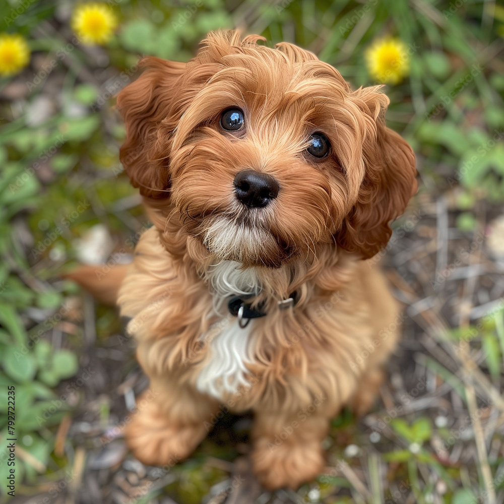 **brown cavapoo puppy, sitting in yard, in the style of playful appropriation, relatable personality, forced perspective, flower power, romantic emotivity, light green and yellow, **brown cavapoo puppy, sitting in yard, in the style of playful appropriation, relatable personality, forced perspective, flower power, romantic emotivity, light green and yellow,