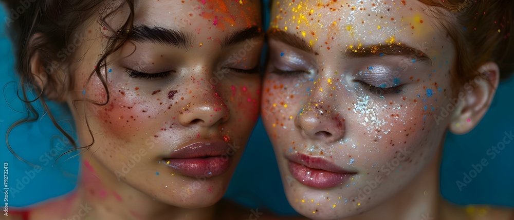 Obraz premium Young female friends with eyes closed touching foreheads covered in colorful powder. Concept Friendship, Colorful Powder, Young Women, Playful Poses, Joyful Expressions