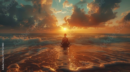 Serene Sunset Meditation by the Ocean. Generative AI photo