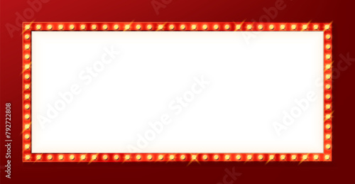 Light bulb marquee frame, retro Broadway billboard, circus board, casino, cinema, movie theater signboard. Vector horizontal background inviting to immerse in the enchantment of live performances