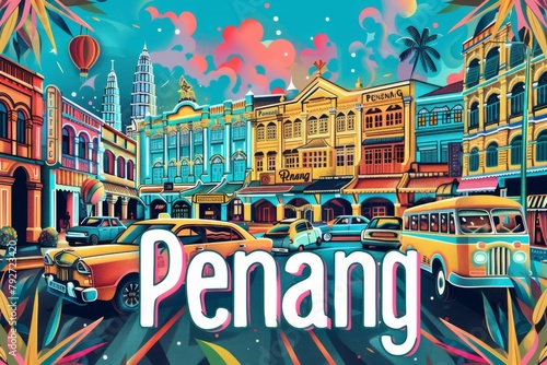 Penang City Abstract Illustration with Vibrant Street Art Palette