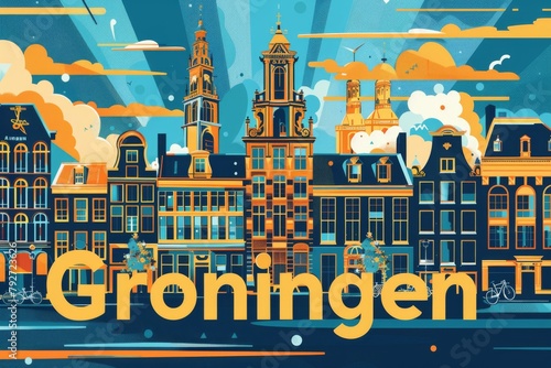 Groningen City Abstract Illustration with Canal-Inspired Palette
