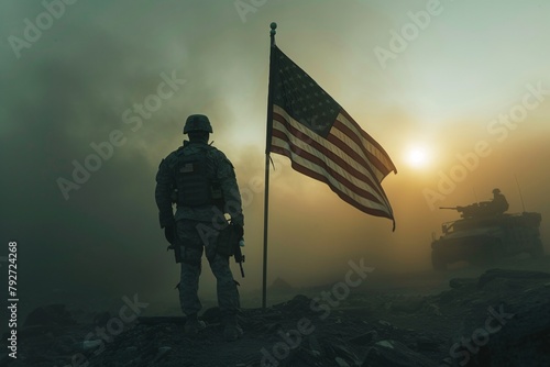 A moody portrayal of a US soldier with the American flag, symbolizing service and sacrifice in a war scene photo