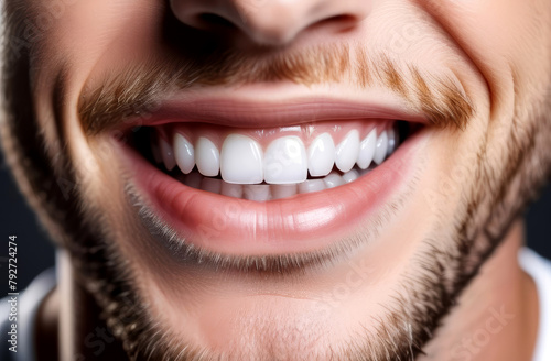 Close-up of the lower face of a slightly unshaven man smiling widely. The man has beautiful white healthy teeth. The concept of dental services and proper dental care.