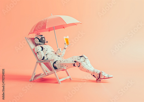 Creative summer scene with Humanoid robot sitting in sun chair under umbrella and enjoy drinking beer. Copy space.