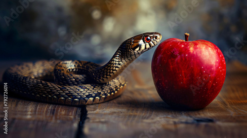 Snake and red apple temptation concept