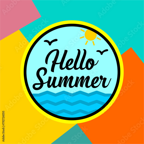 Beach Summer 2024 bright greeting banner.  Hello Summer on colors geometric background.Vector Illustration. Beach Holidays. Handwritten calligraphy design.