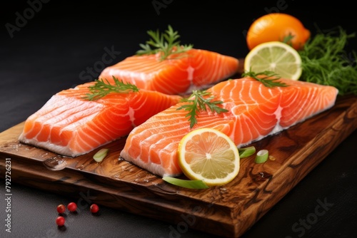 Salmon fillet cut into portions on ice on a wooden board 