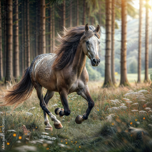 there is a horse that is running in the grass  horse is running  beautiful horse  beautiful serene horse  beautiful high resolution  horse  mane  galloping  beautiful lady  galloping through the fores