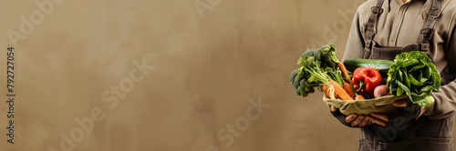 Farmer with freshly harvested vegetables web banner. Farmer holding vegetables on brown background with copy space. photo