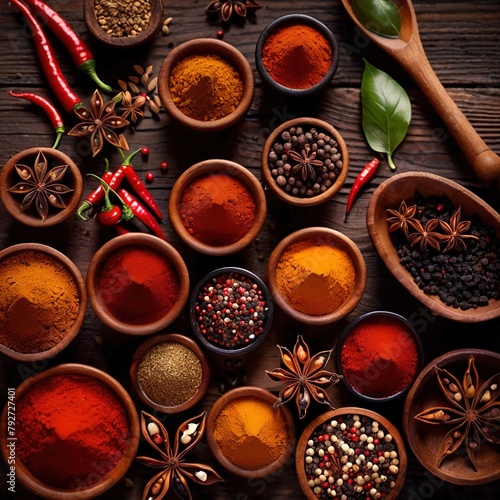 Spices and herbs, cooking ingredients condiments, top down view on wooden background