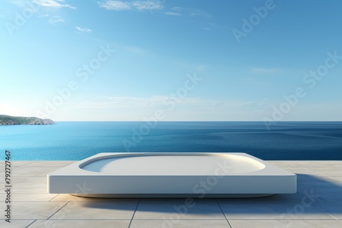 3d rendering of a minimalist white concrete chaise lounge on a terrace with an amazing sea view