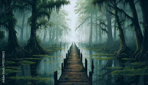Mystic Swamp Pier in Pixel Art Perspective, Pixel art depiction of a solitary pier leading through a serene, mist-covered swamp lined with towering, moss-draped trees.