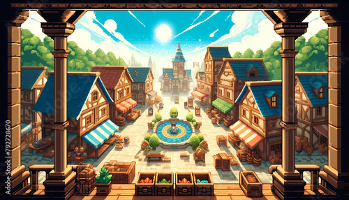 Bustling Market Town Pixel Art Scene, One-point perspective of a vibrant pixel art market town, bustling with activity under a clear blue sky.