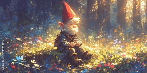 A cute gnome with a red hat, sitting on mossy ground in a forest surrounded by flowers and trees.  #792728819