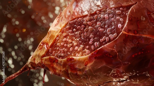 A detailed image of a human liver showing the damage and scarring caused by chronic with a parasitic flatworm such as Schistosoma. photo