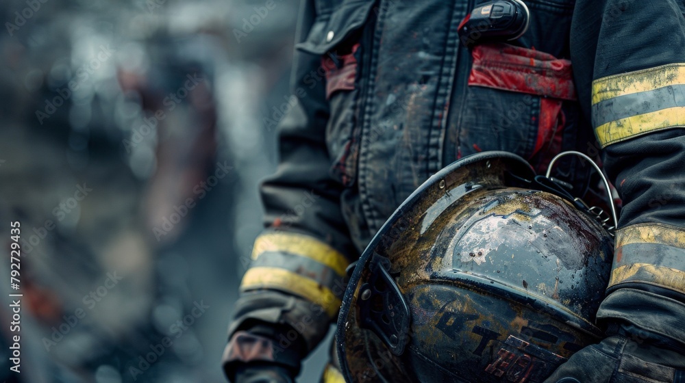 A powerful portrait of a firefighter wearing a black armband and holding a helmet symbolizing remembrance and loss within the fire department. .