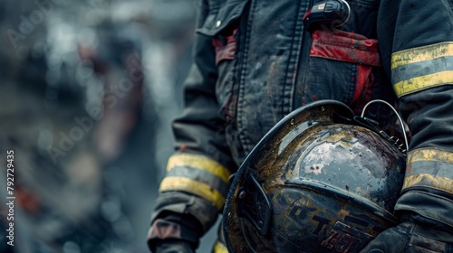 A powerful portrait of a firefighter wearing a black armband and holding a helmet symbolizing remembrance and loss within the fire department. .