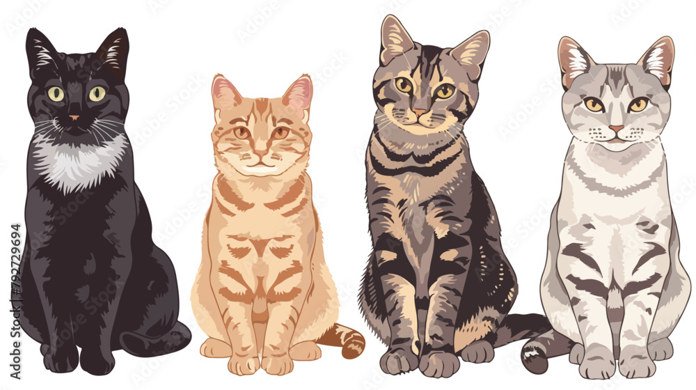 Hand drawn Four cats. Colored vector set. All element