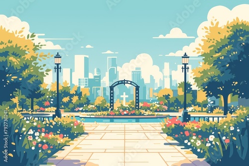 Urban park with a city skyline in the background, featuring trees and walking paths, a lake or river flowing through it, street lights along its edge, and tall buildings visible. photo