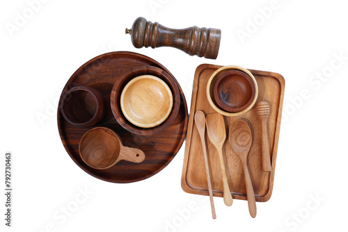 Kitchen utensils, spoons, forks, wooden cups on white background