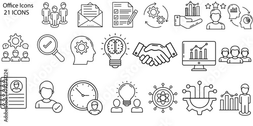  Office web icons in line style. Employe, conference, project, document, business, work, support, contact us, productivity strategy, collection. Vector illustration.