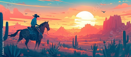A cowboy on horseback in the desert at sunset, with cacti and mountains in the background. 