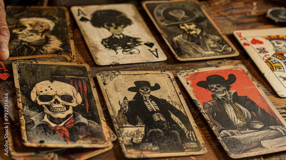 A set of playing cards with macabre illustrations instead of the usual cowboy scenes .