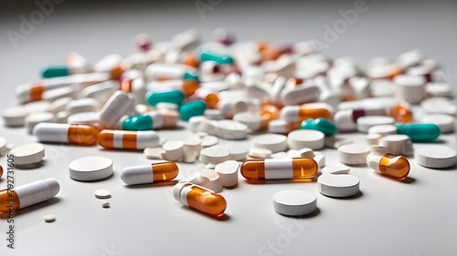 Addiction-related prescription pill fragments strewn on a white tabletop opioid crisis and epidemic analgesic benzodiazepines photo