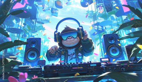 A cute cartoon gorilla wearing sunglasses and headphones is playing music on the DJ console in neon light, surrounded by colorful speakers and lights. 