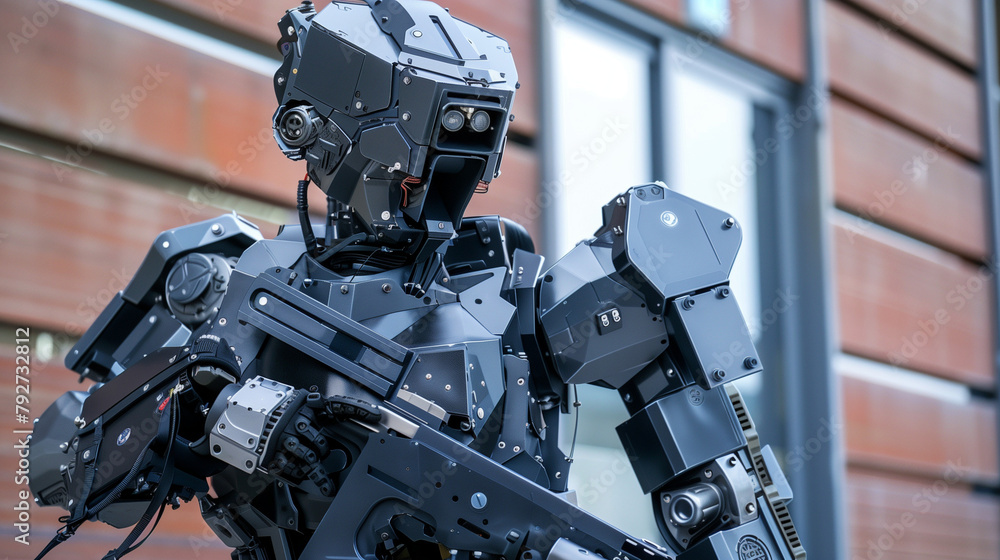 A military robot with an armored exoskeleton is standing in front of a building A military robot with an armored exoskeleton is standing in front of a building