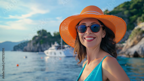 Portrait of a smiling young tourist woman with mediterranean coast on background photo