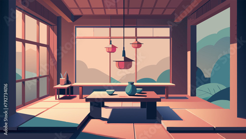 An illustration of a serene tea room with soft lighting and minimal decor providing a peaceful and mindful atmosphere for the tea ceremony.