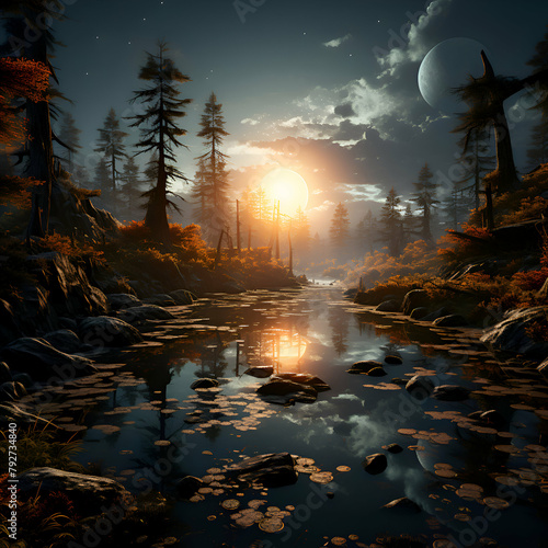 Fantasy landscape with forest and river in the moonlight. 3d render