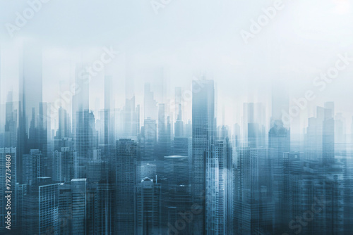 Blurred city skyline with a cool blue overlay and mist effect