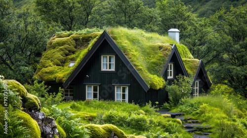 Traditional Norwegian Hytte Covered in Moss and Lichen in Lofoten Islands photo