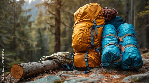 Backpacks and camping gear sit on the forest floor. photo
