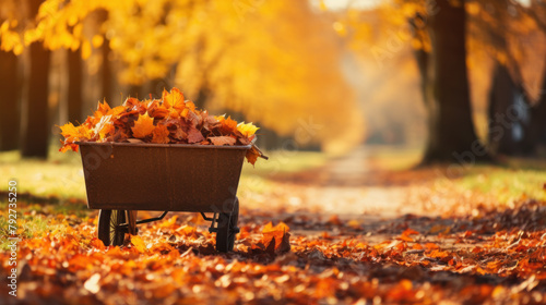 autumn background of wheelbarrow in forest with autumnal leaves